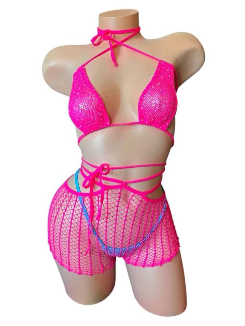 Neon Pink Rhinestone Mesh Short Set - One Size - Picture 2 of 8